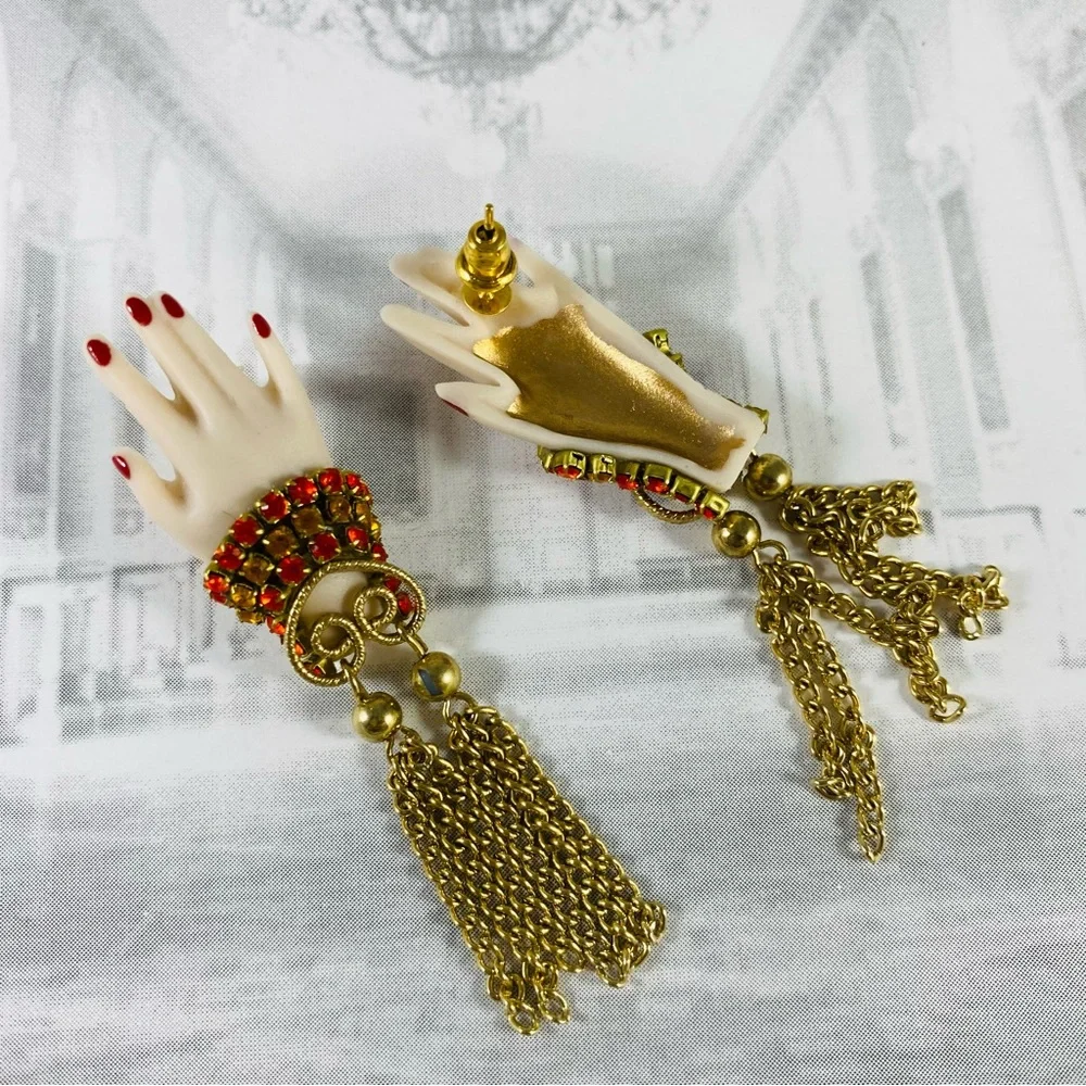 Artisan Red and Gold Hand Earrings OOAK handmade.